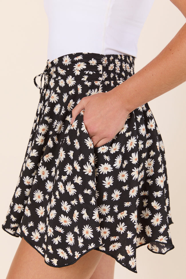 Sophia Cinched Waist Black Floral Print Skort